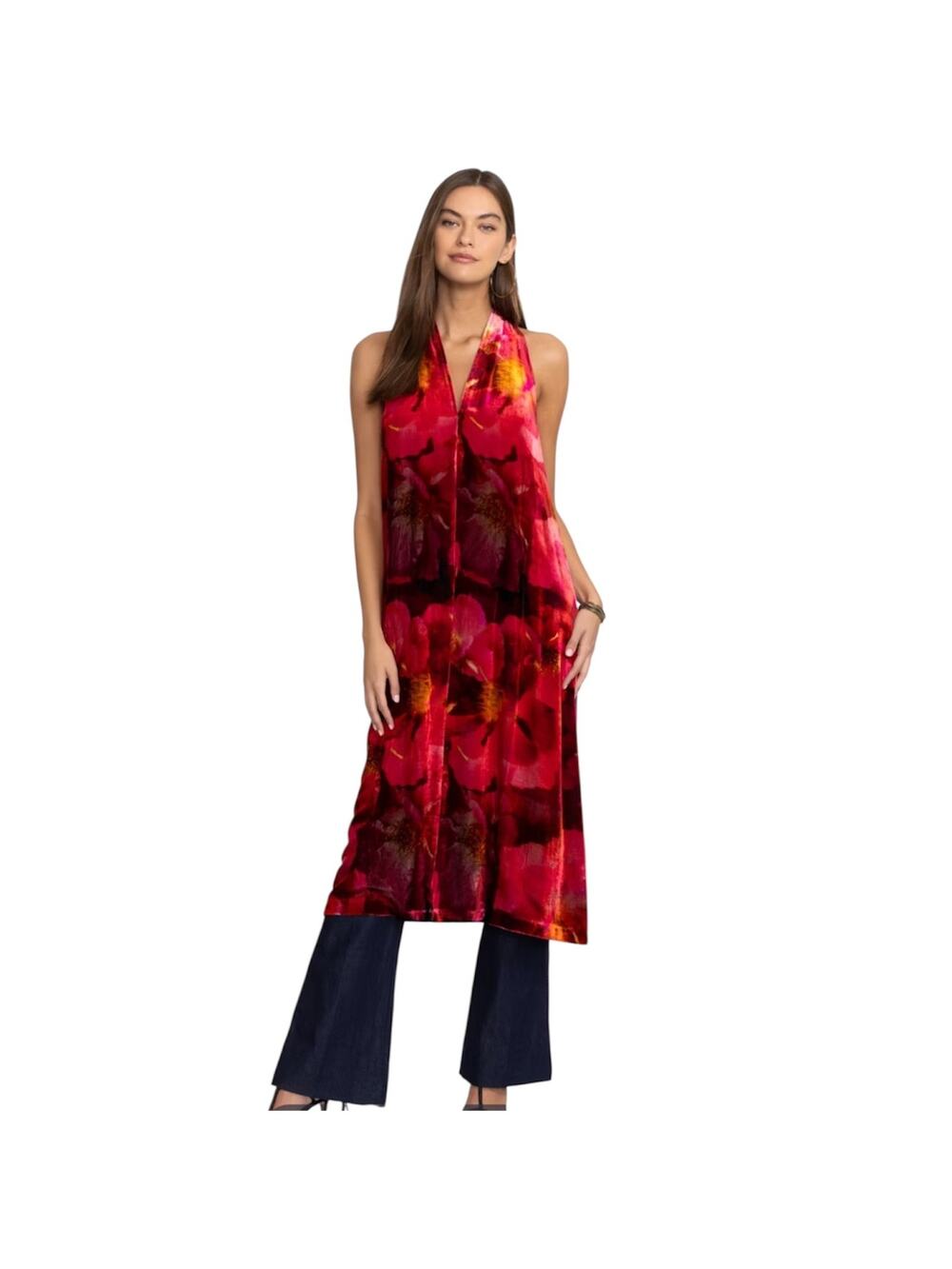 Johnny Was Ruby Bloom Velvet Red Pink Halter Floral Boho Maxi Dress Small